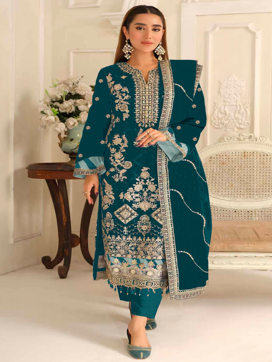 Teal Silk Embroidery Zari Sequins Wedding Party Festival Casual Pant Salwar Kameez