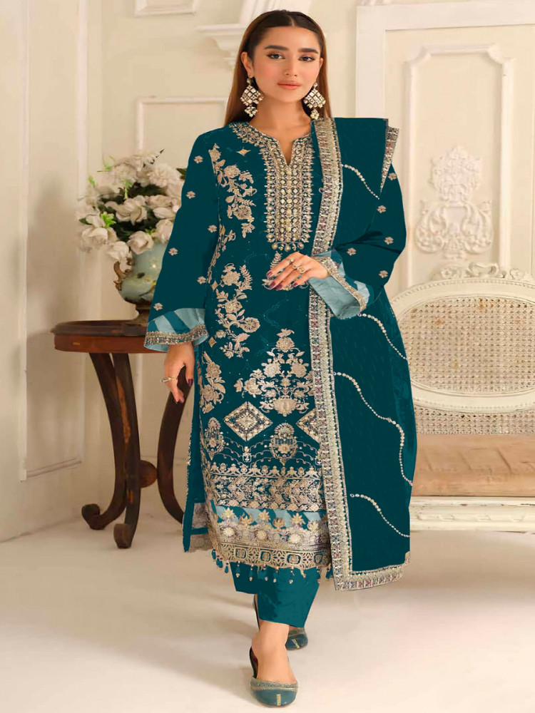 Image of Teal Silk Embroidery Zari Sequins Wedding Party Festival Casual Pant Salwar Kameez