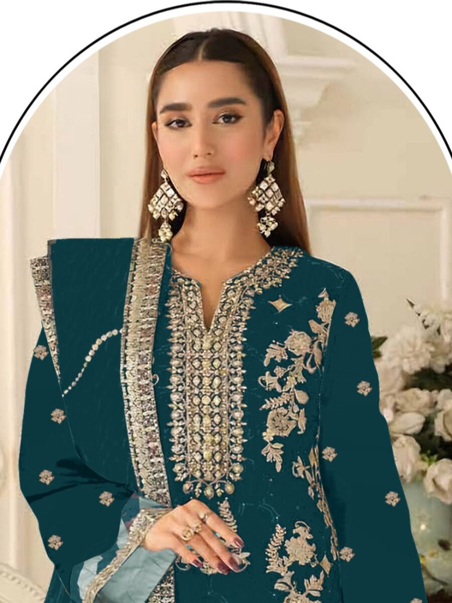 Teal Silk Embroidery Zari Sequins Wedding Party Festival Casual Pant Salwar Kameez