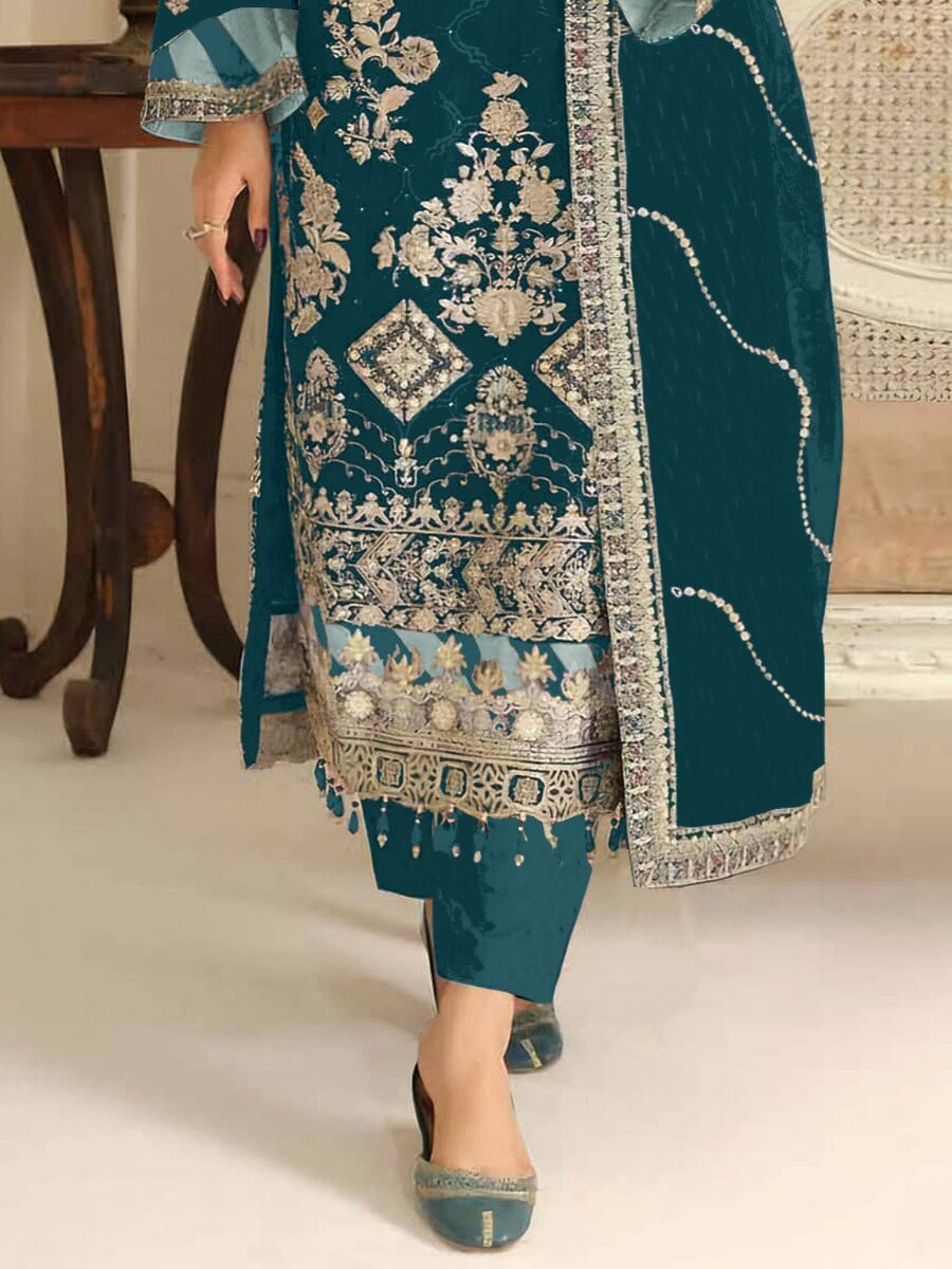 Teal Silk Embroidery Zari Sequins Wedding Party Festival Casual Pant Salwar Kameez