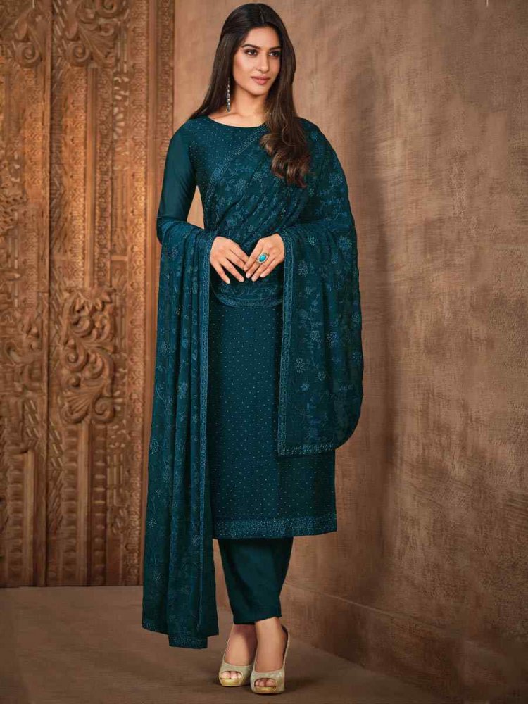 Teal Silk Georgette Embroidered Festival Wedding Pant Salwar Kameez