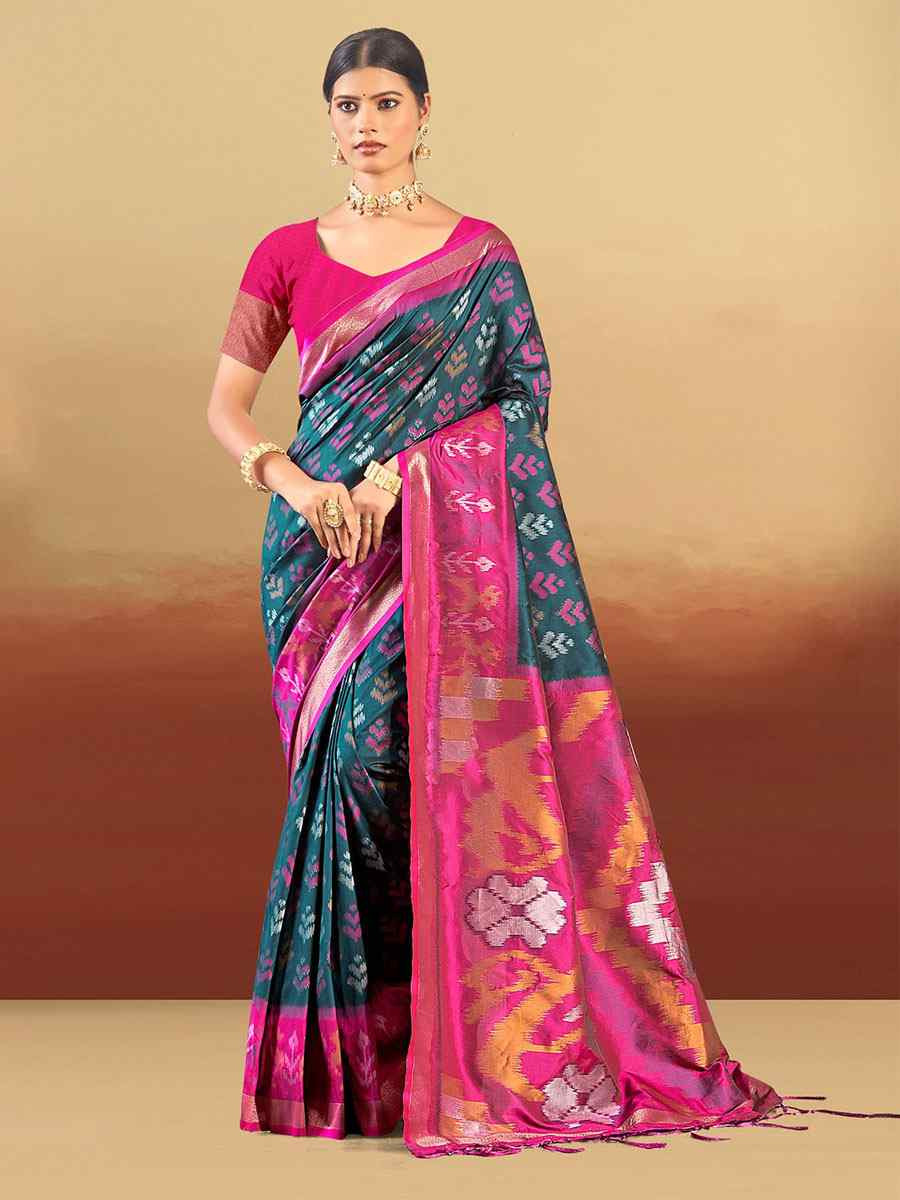 Teal Silk Handwoven Festival Wedding Fancy Heavy Border Saree