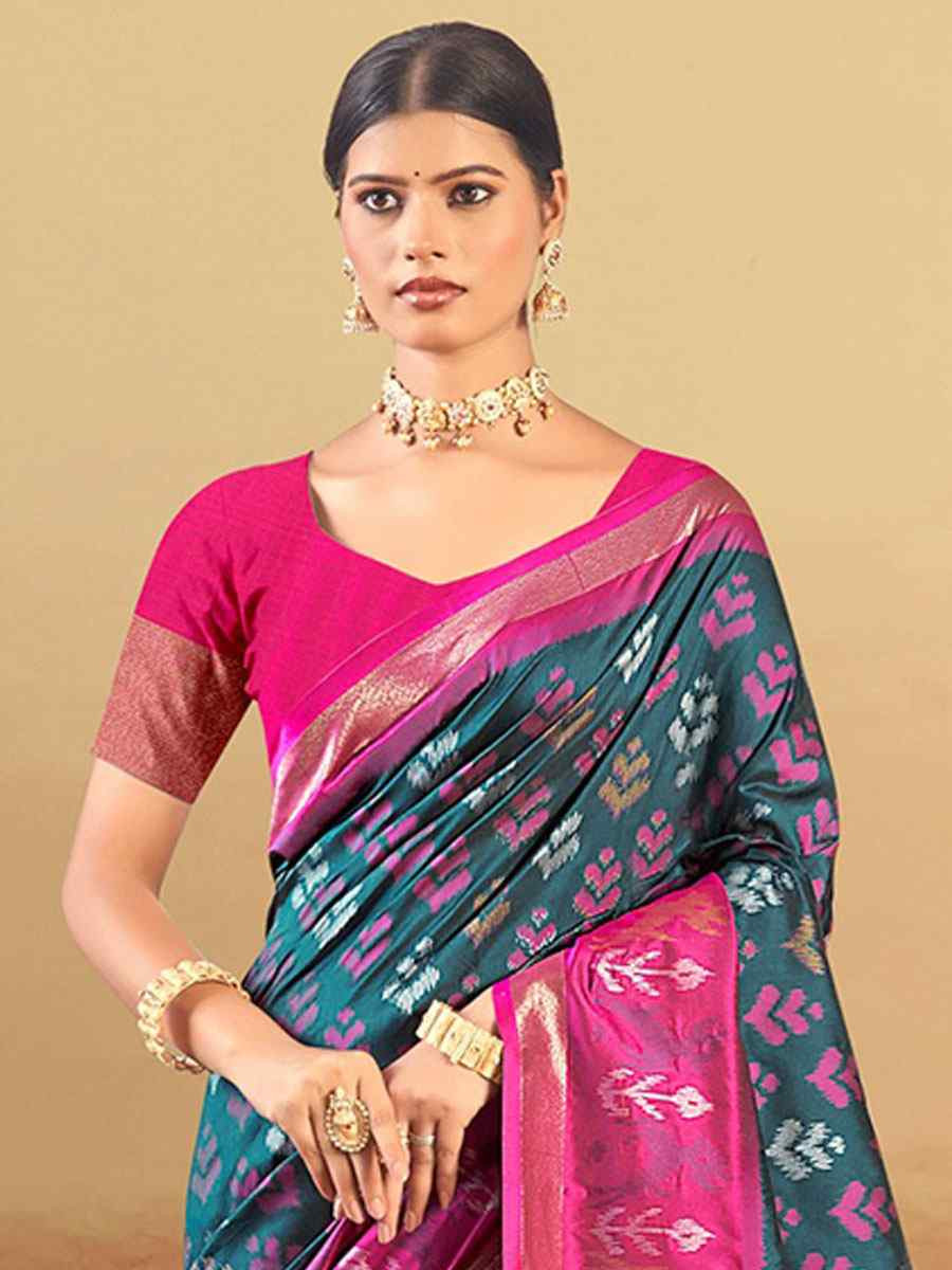 Teal Silk Handwoven Festival Wedding Fancy Heavy Border Saree