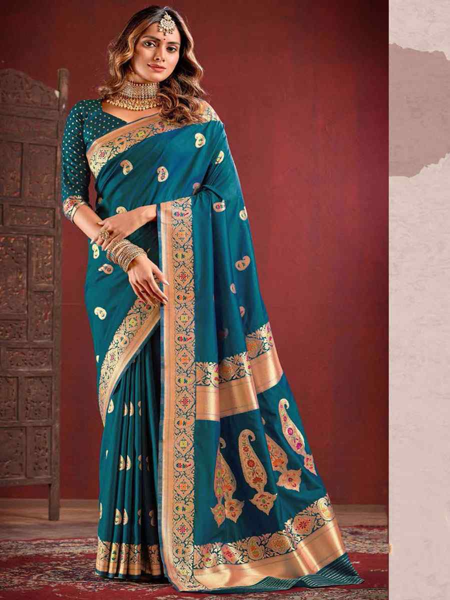 Teal Silk Handwoven Wedding Festival Heavy Border Saree