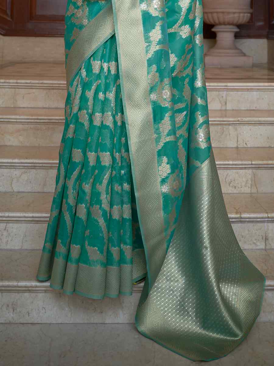Teal Silk Handwoven Wedding Festival Heavy Border Saree