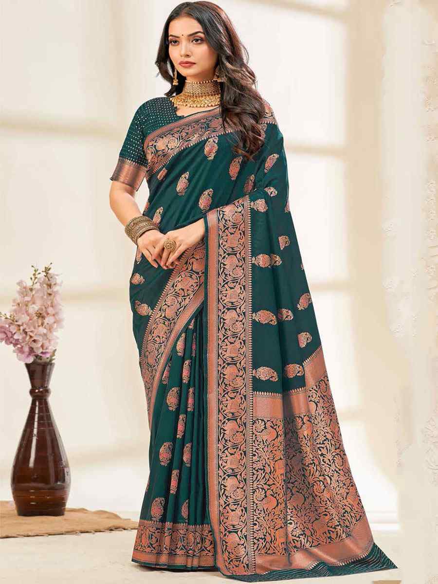 Teal Silk Handwoven Wedding Festival Heavy Border Saree