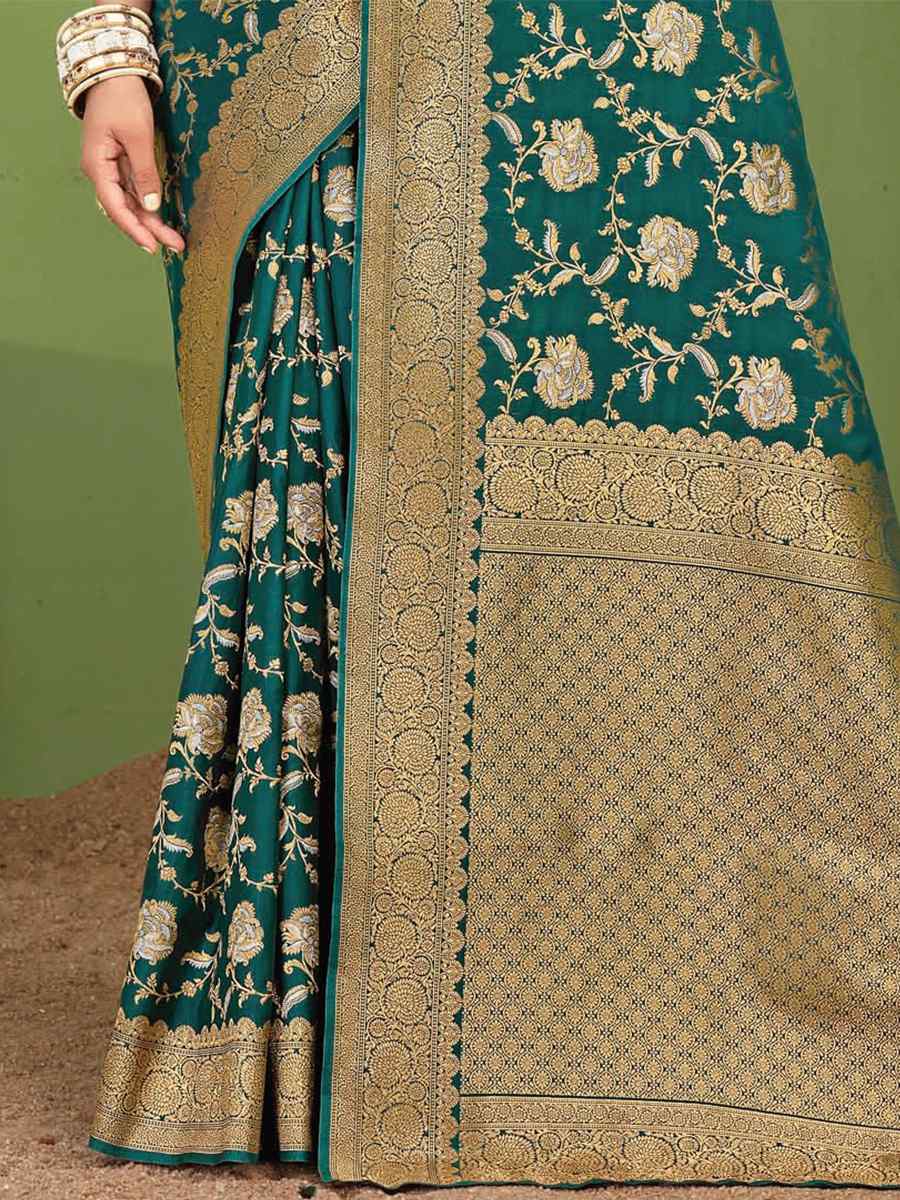 Teal Silk Handwoven Wedding Festival Heavy Border Saree