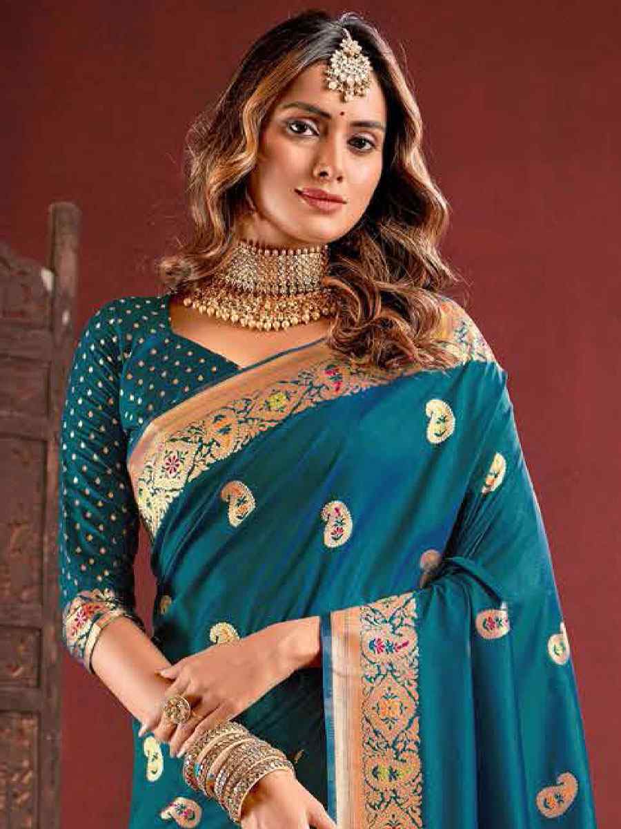 Teal Silk Handwoven Wedding Festival Heavy Border Saree