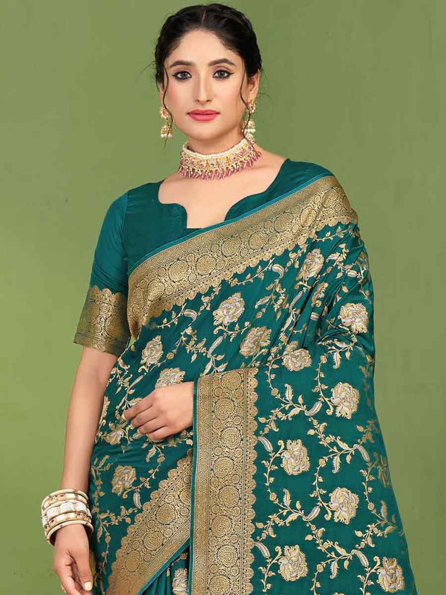Teal Silk Handwoven Wedding Festival Heavy Border Saree