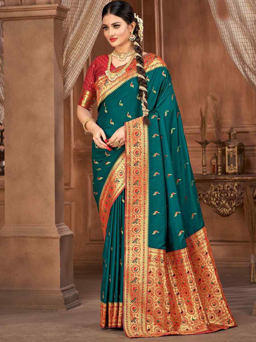 Teal Silk Handwoven Wedding Festival Heavy Border Saree