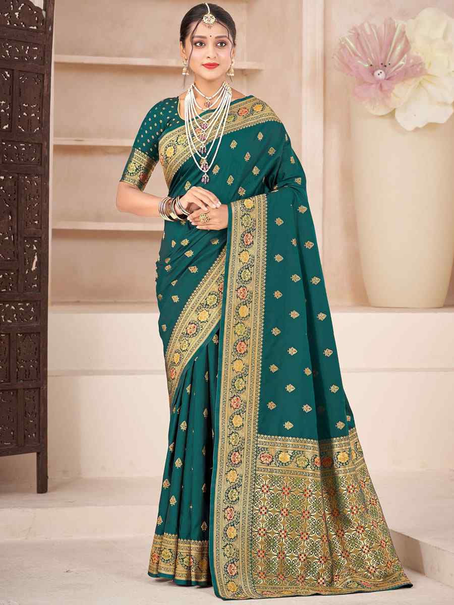 Teal Silk Handwoven Wedding Festival Heavy Border Saree