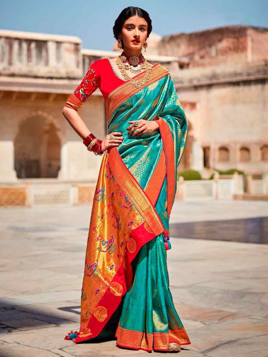 Teal Silk Handwoven Wedding Festival Heavy Border Saree