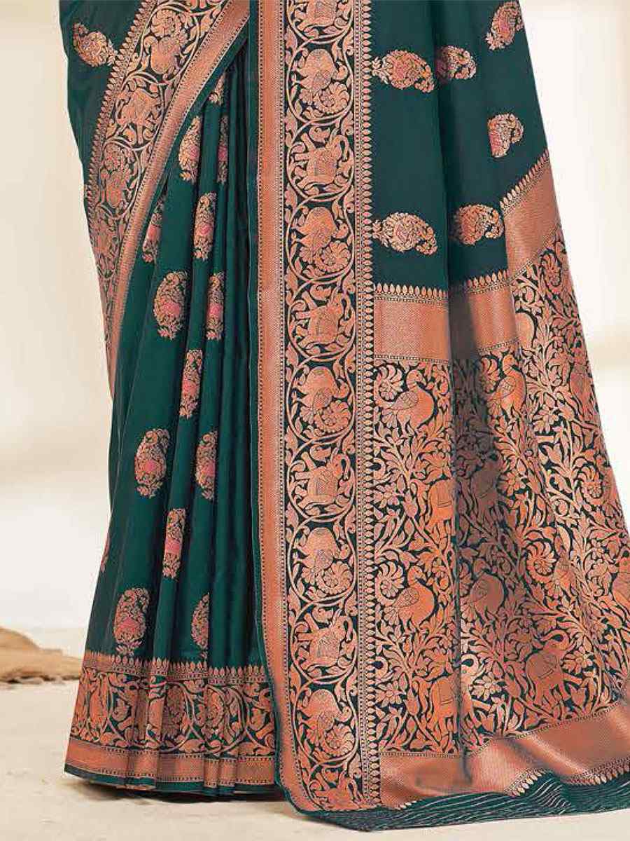 Teal Silk Handwoven Wedding Festival Heavy Border Saree