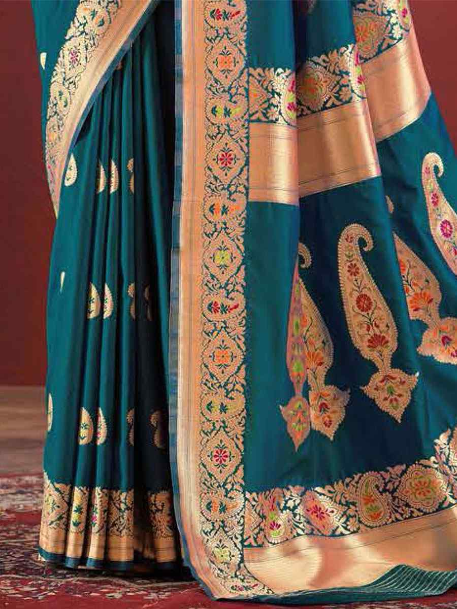 Teal Silk Handwoven Wedding Festival Heavy Border Saree