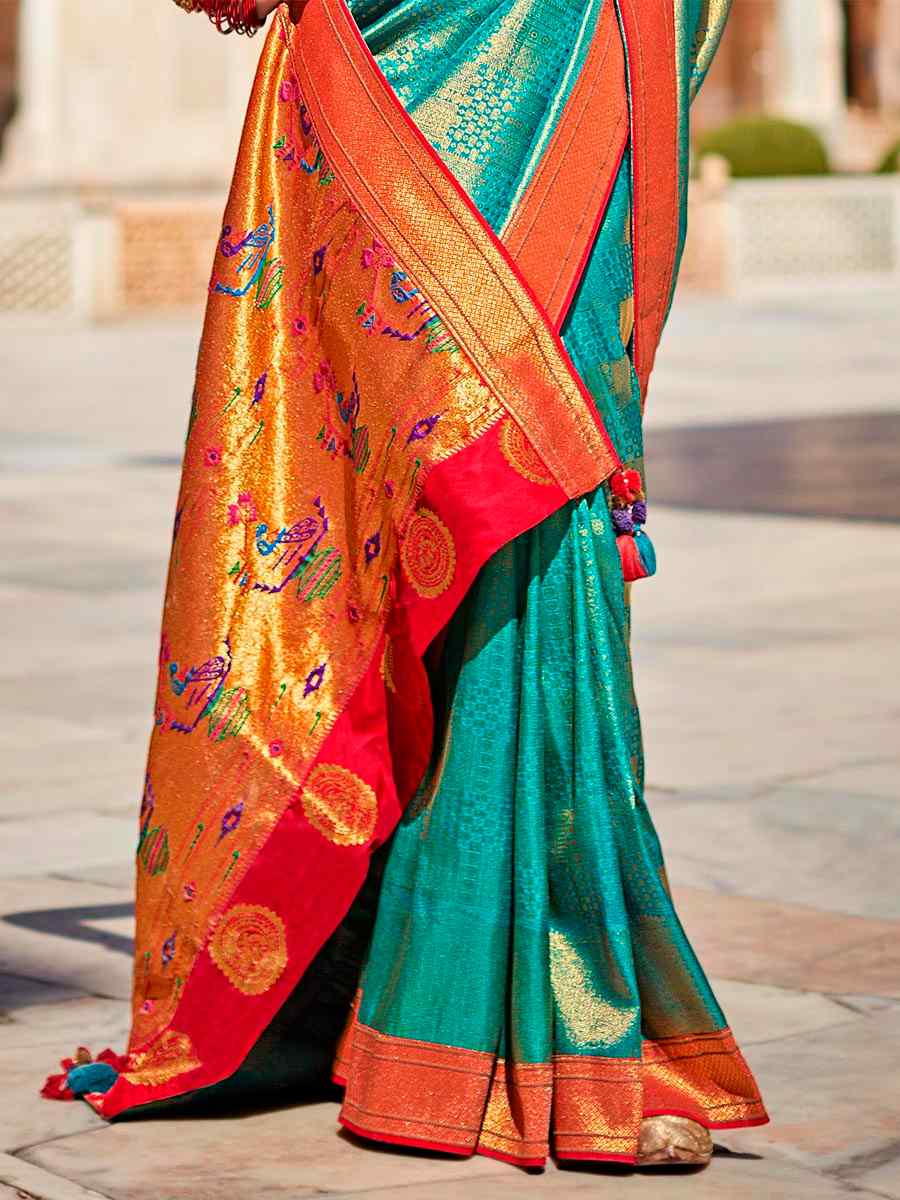 Teal Silk Handwoven Wedding Festival Heavy Border Saree