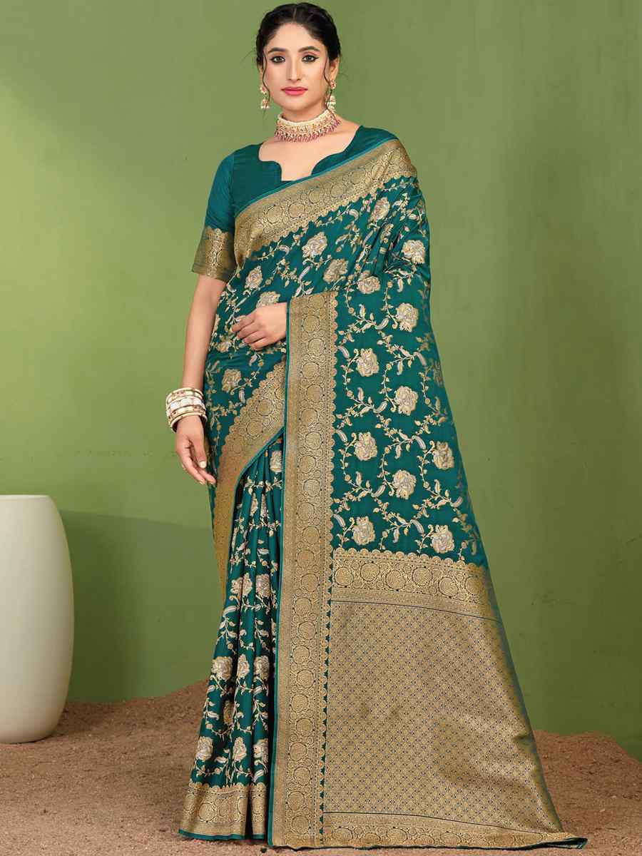 Teal Silk Handwoven Wedding Festival Heavy Border Saree