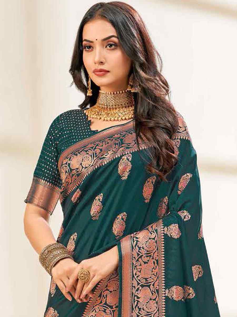 Teal Silk Handwoven Wedding Festival Heavy Border Saree