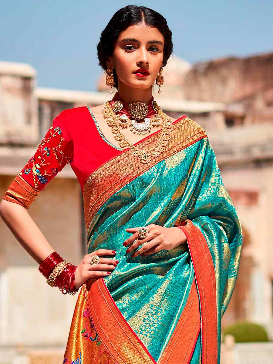 Teal Silk Handwoven Wedding Festival Heavy Border Saree