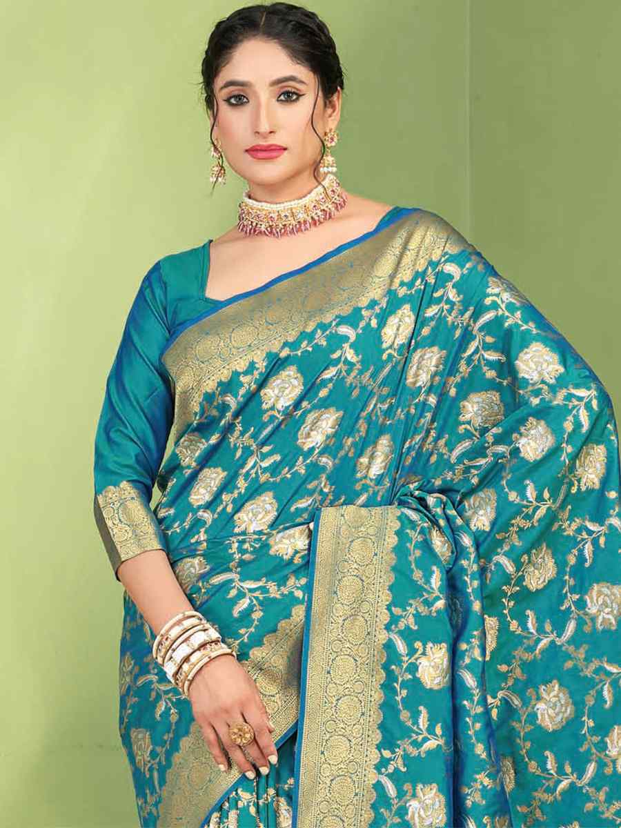 Teal Silk Handwoven Wedding Festival Heavy Border Saree