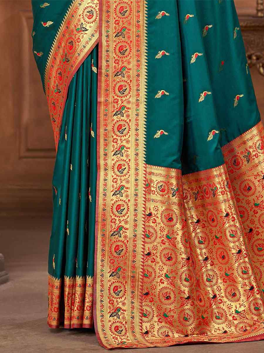 Teal Silk Handwoven Wedding Festival Heavy Border Saree