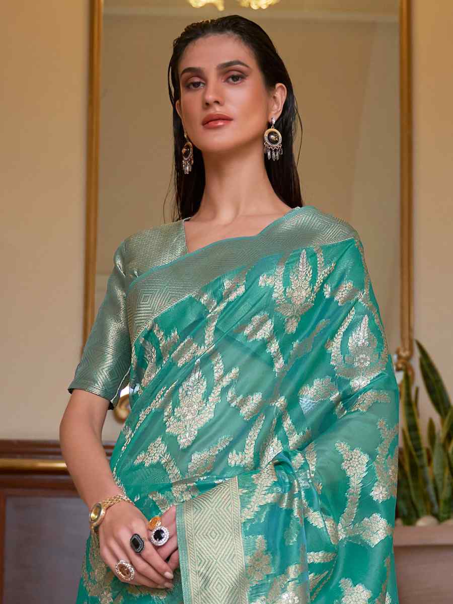 Teal Silk Handwoven Wedding Festival Heavy Border Saree