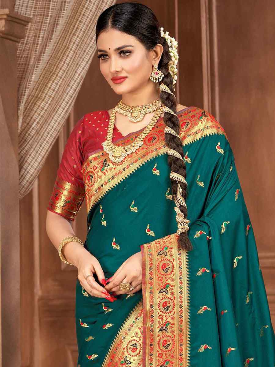 Teal Silk Handwoven Wedding Festival Heavy Border Saree