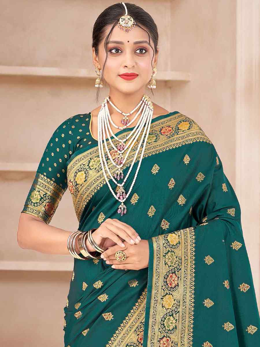 Teal Silk Handwoven Wedding Festival Heavy Border Saree