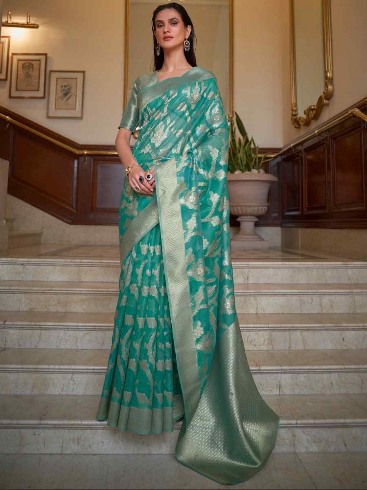 Teal Silk Handwoven Wedding Festival Heavy Border Saree