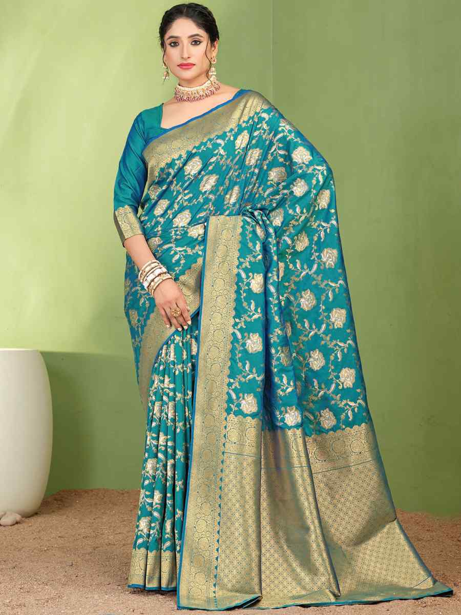 Teal Silk Handwoven Wedding Festival Heavy Border Saree