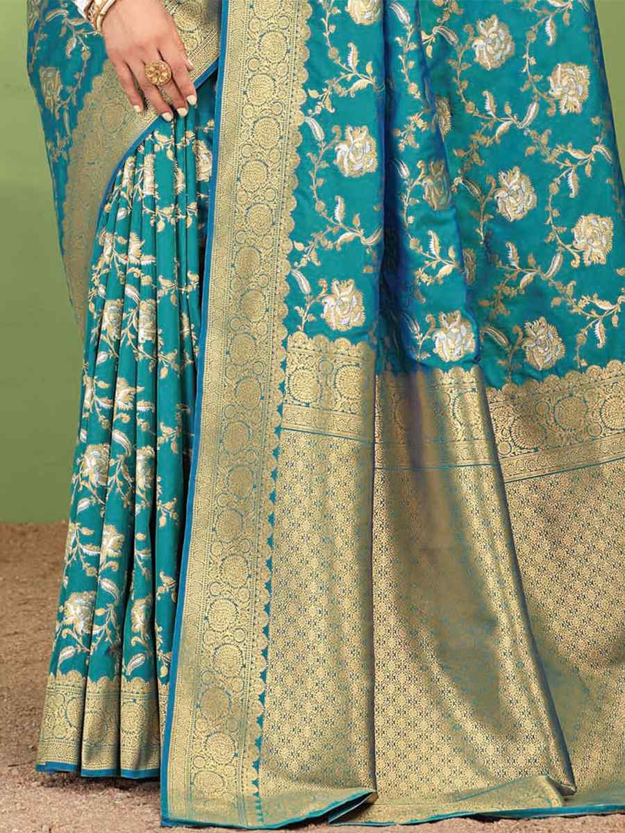 Teal Silk Handwoven Wedding Festival Heavy Border Saree