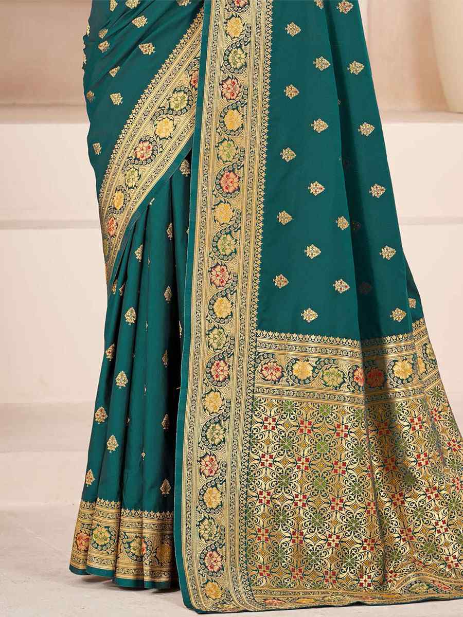 Teal Silk Handwoven Wedding Festival Heavy Border Saree