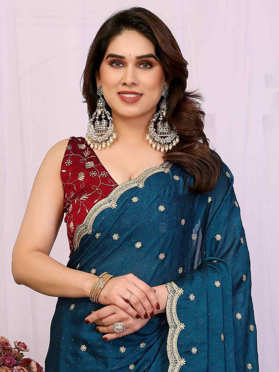 Teal Silky Crush Embroidery Festival Wedding Fancy Heavy Border Saree