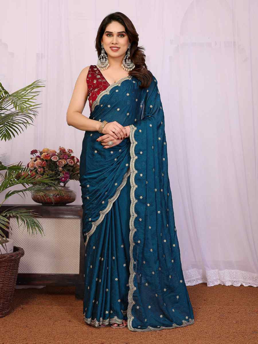 Teal Silky Crush Embroidery Festival Wedding Fancy Heavy Border Saree