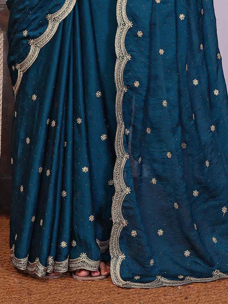 Teal Silky Crush Embroidery Festival Wedding Fancy Heavy Border Saree