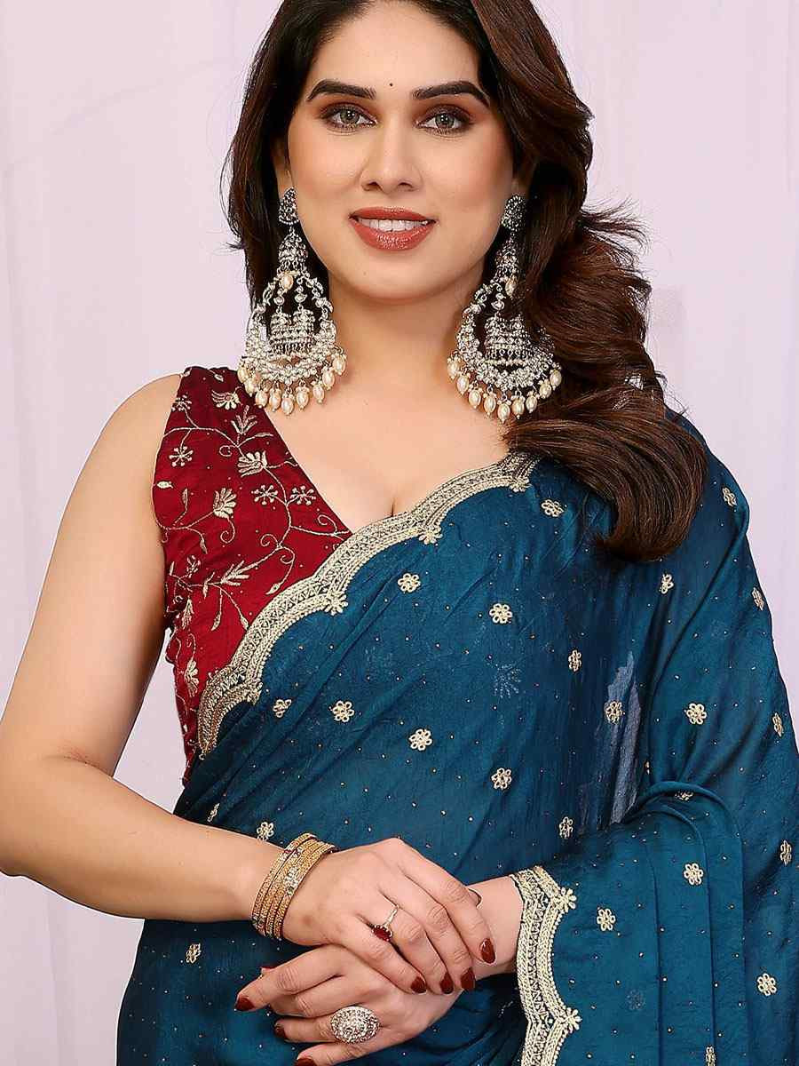 Teal Silky Crush Embroidery Festival Wedding Fancy Heavy Border Saree