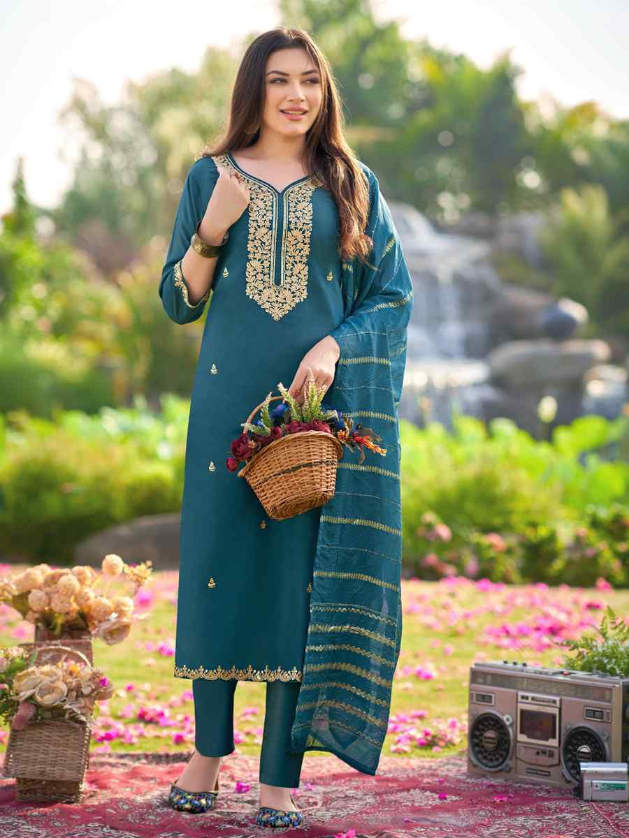Teal Simmer Silk Embroidered Party Wedding Ready Pant Salwar Kameez