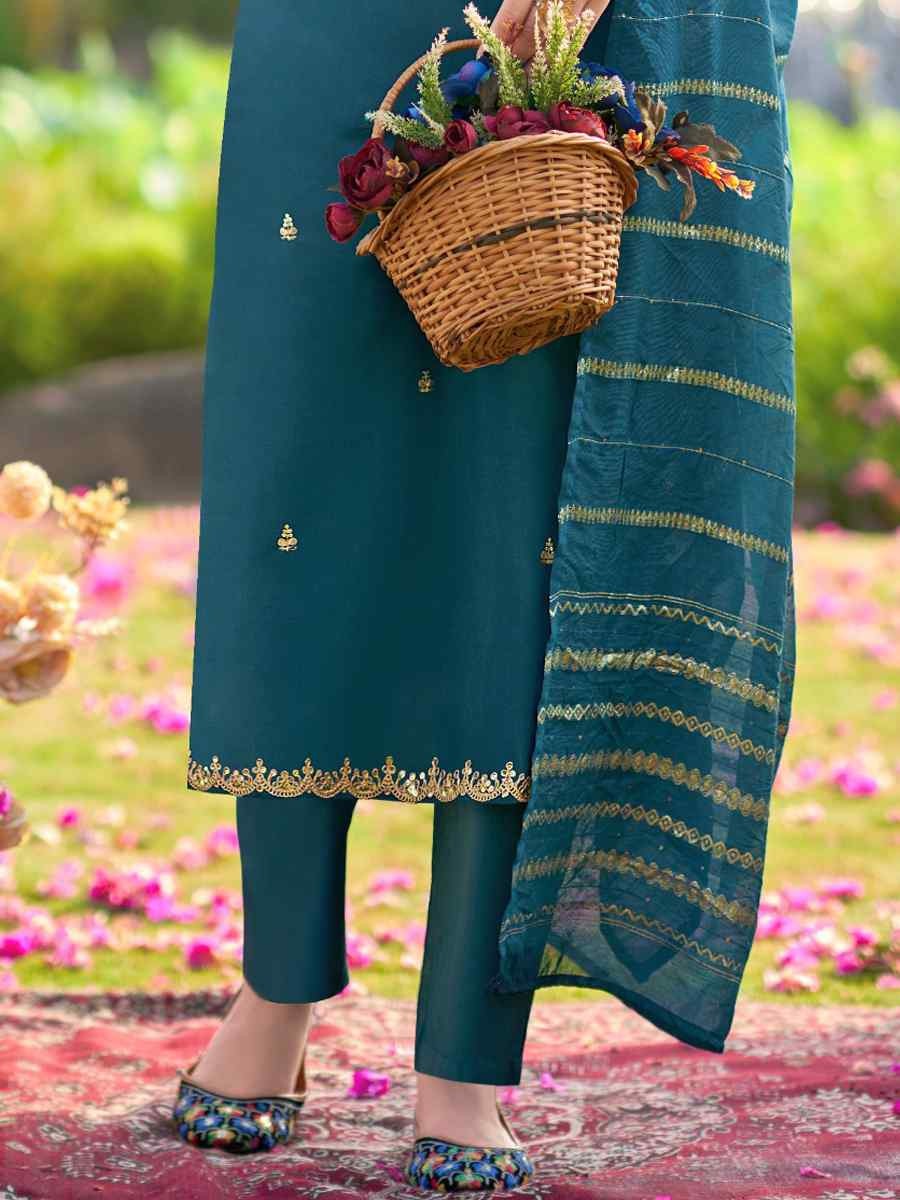 Teal Simmer Silk Embroidered Party Wedding Ready Pant Salwar Kameez