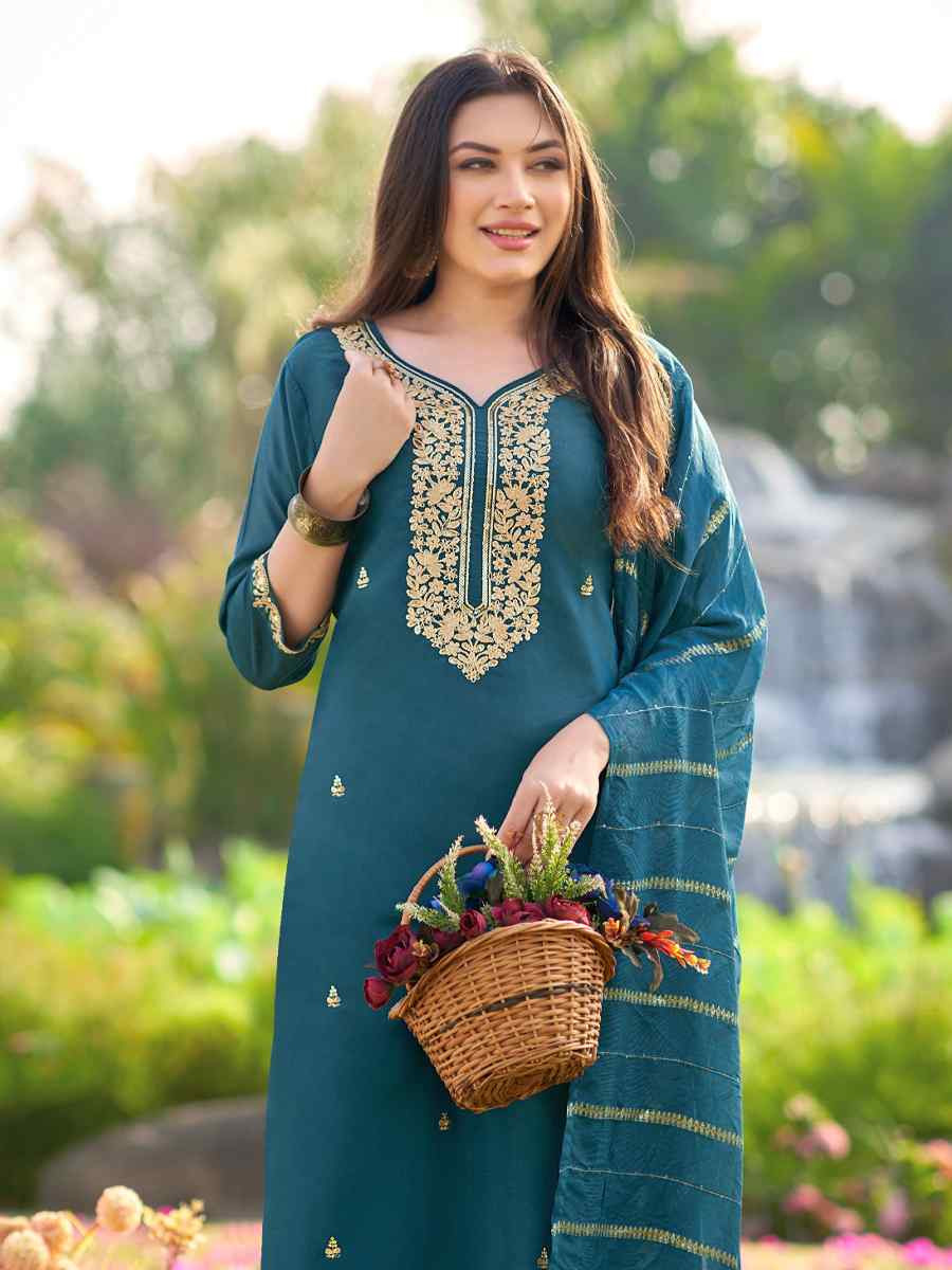 Teal Simmer Silk Embroidered Party Wedding Ready Pant Salwar Kameez