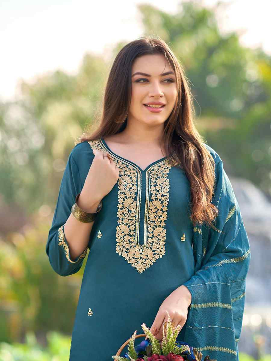 Teal Simmer Silk Embroidered Party Wedding Ready Pant Salwar Kameez