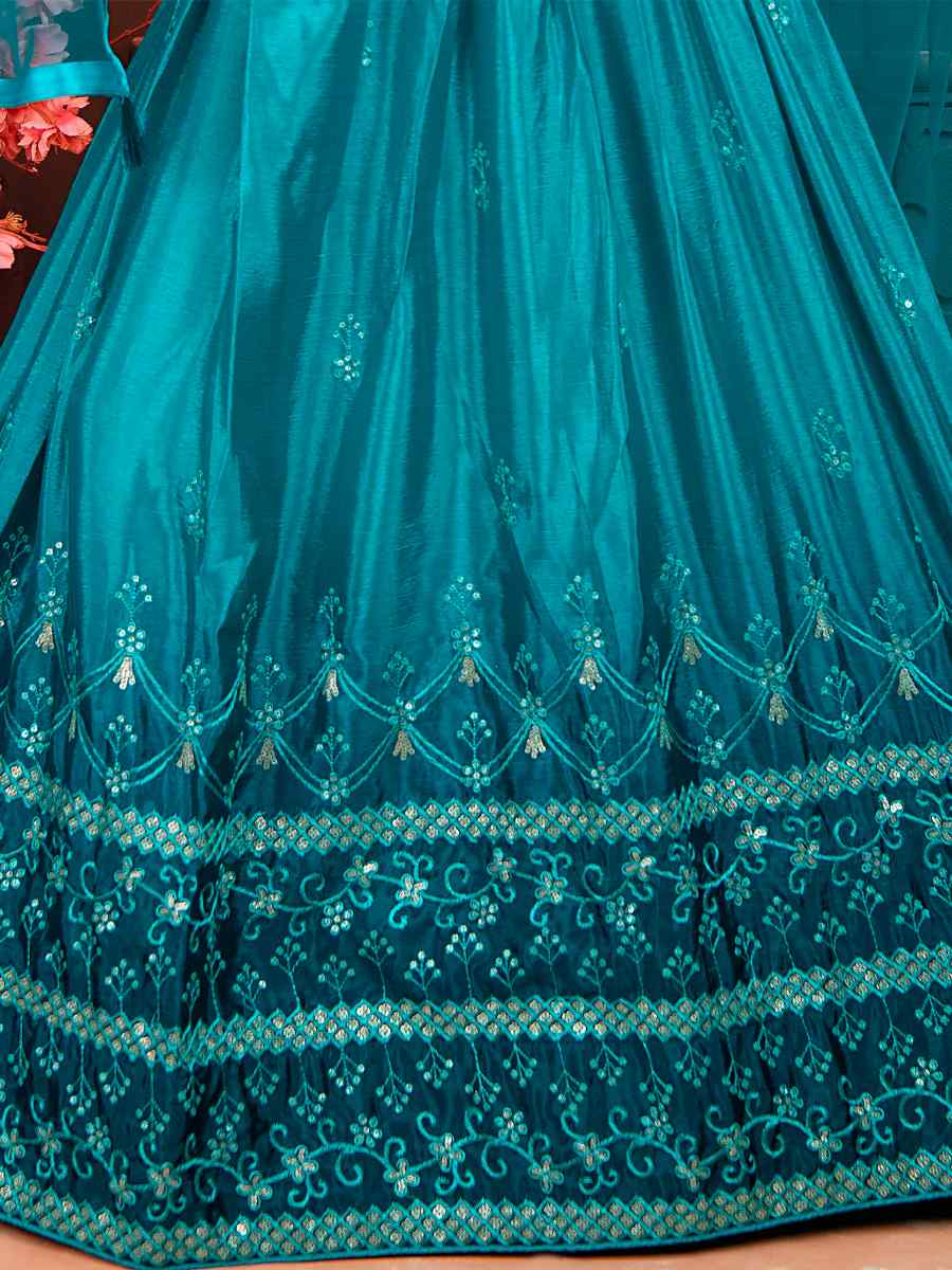 Teal Soft Chinon Silk Embroidered Wedding Festival Lehengas Girls Wear