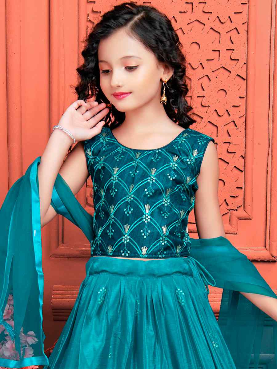 Teal Soft Chinon Silk Embroidered Wedding Festival Lehengas Girls Wear