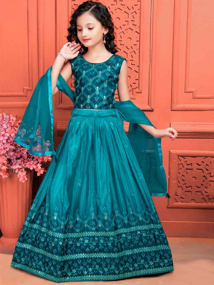 Teal Soft Chinon Silk Embroidered Wedding Festival Lehengas Girls Wear