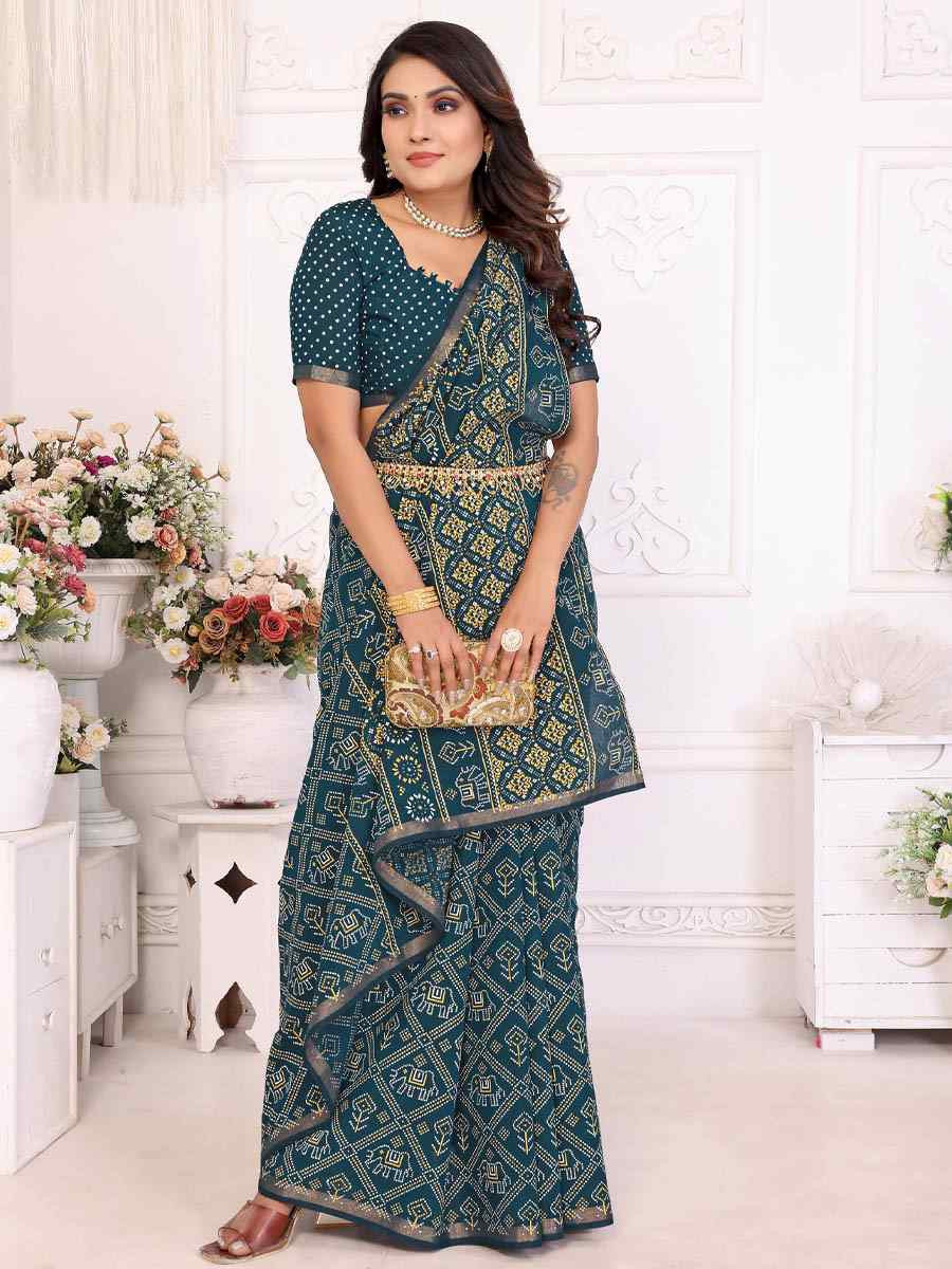Teal Soft Cotton Bandhej Print Zari Weaving Work Festival Wedding Fancy Heavy Border Saree