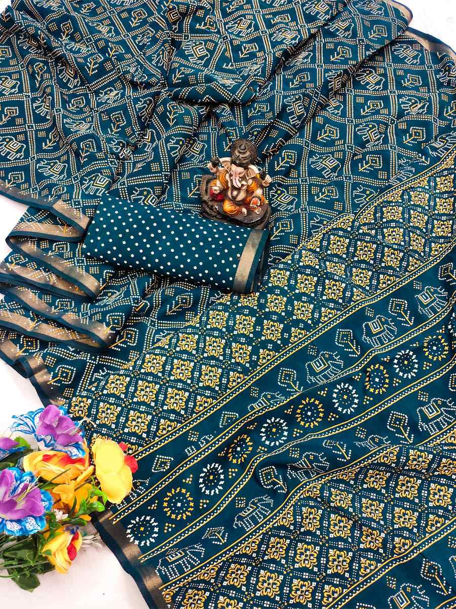 Teal Soft Cotton Bandhej Print Zari Weaving Work Festival Wedding Fancy Heavy Border Saree