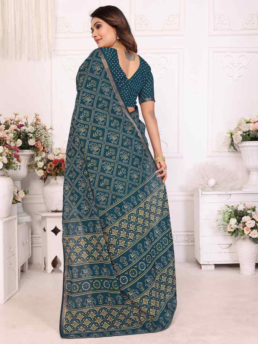 Teal Soft Cotton Bandhej Print Zari Weaving Work Festival Wedding Fancy Heavy Border Saree