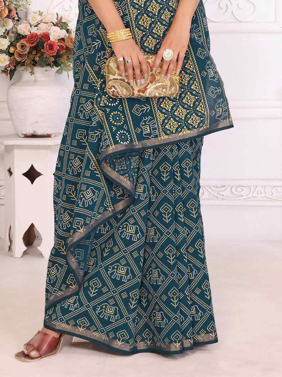 Teal Soft Cotton Bandhej Print Zari Weaving Work Festival Wedding Fancy Heavy Border Saree