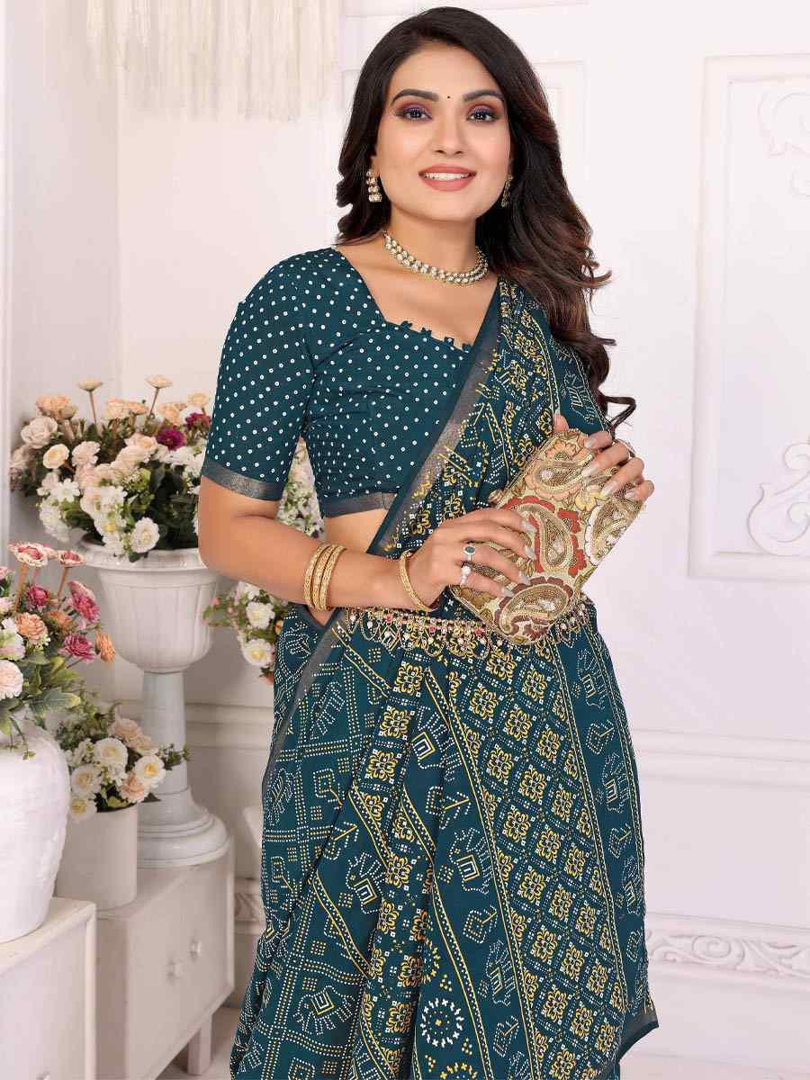 Teal Soft Cotton Bandhej Print Zari Weaving Work Festival Wedding Fancy Heavy Border Saree
