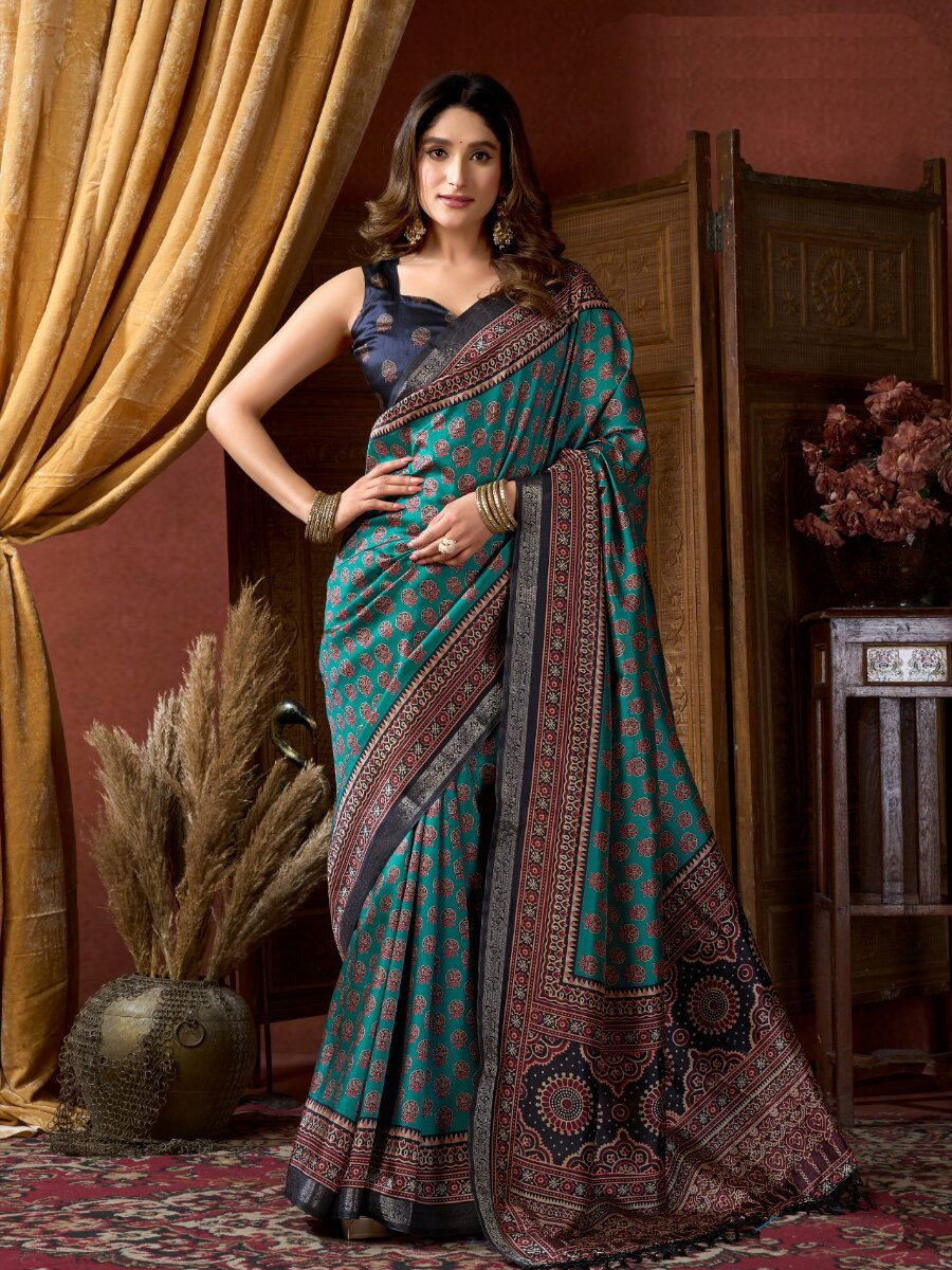 Teal Soft Crepe Silk Printed Wedding Reception Party Casual Heavy Border Sarees