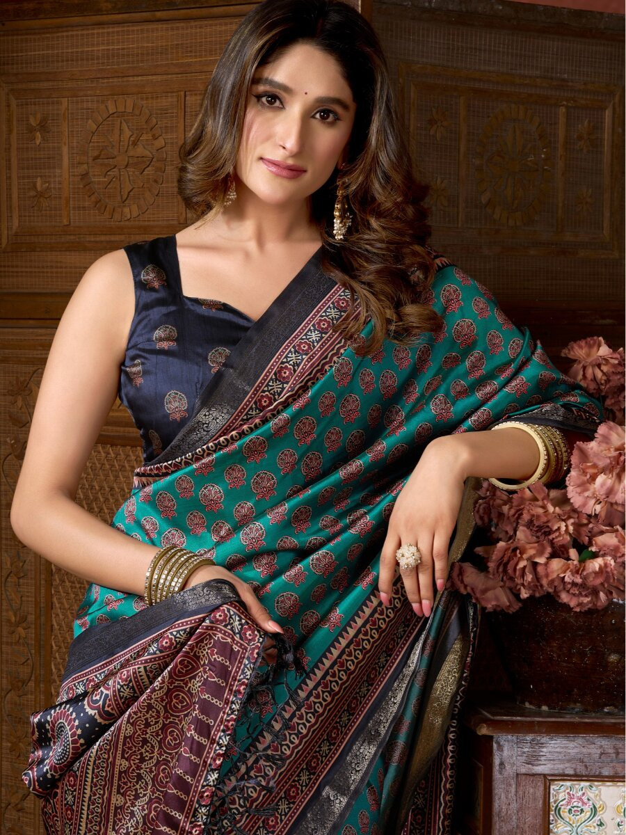 Teal Soft Crepe Silk Printed Wedding Reception Party Casual Heavy Border Sarees