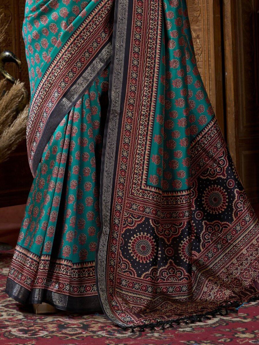 Teal Soft Crepe Silk Printed Wedding Reception Party Casual Heavy Border Sarees
